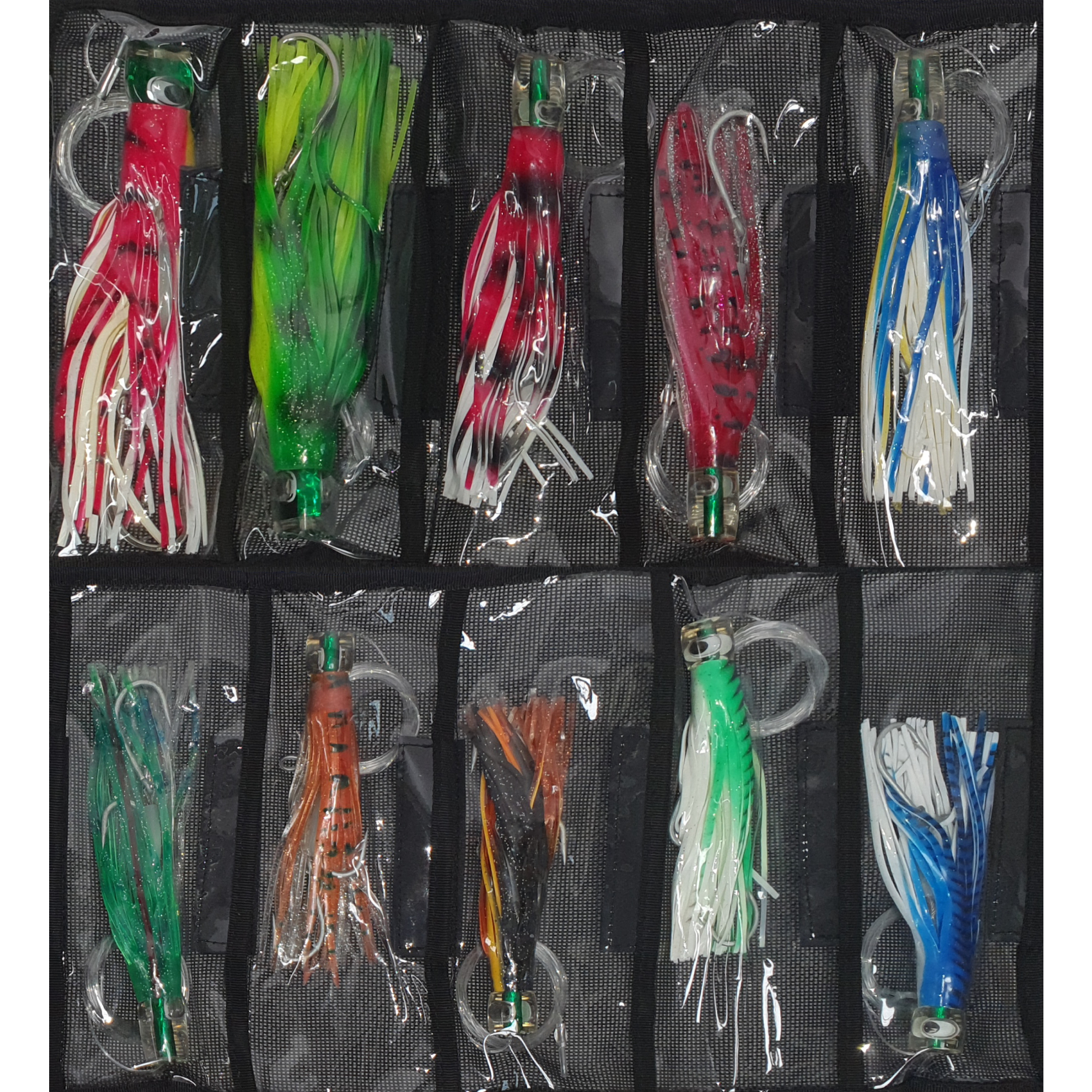 Skirted Trolling Lures Bag – X10 Pcs. With Rigged Line & Hook • Vtackle